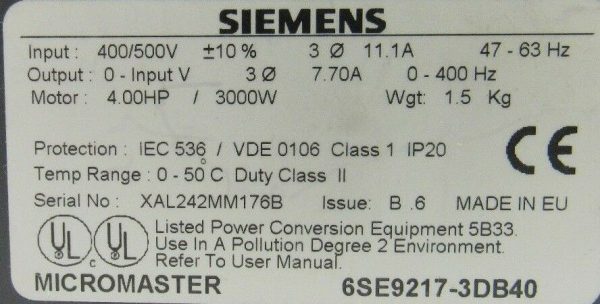 NEW SIEMENS 6SE9217-3DB40 MICROMASTER DRIVE 6SE92173DB40 - Image 5