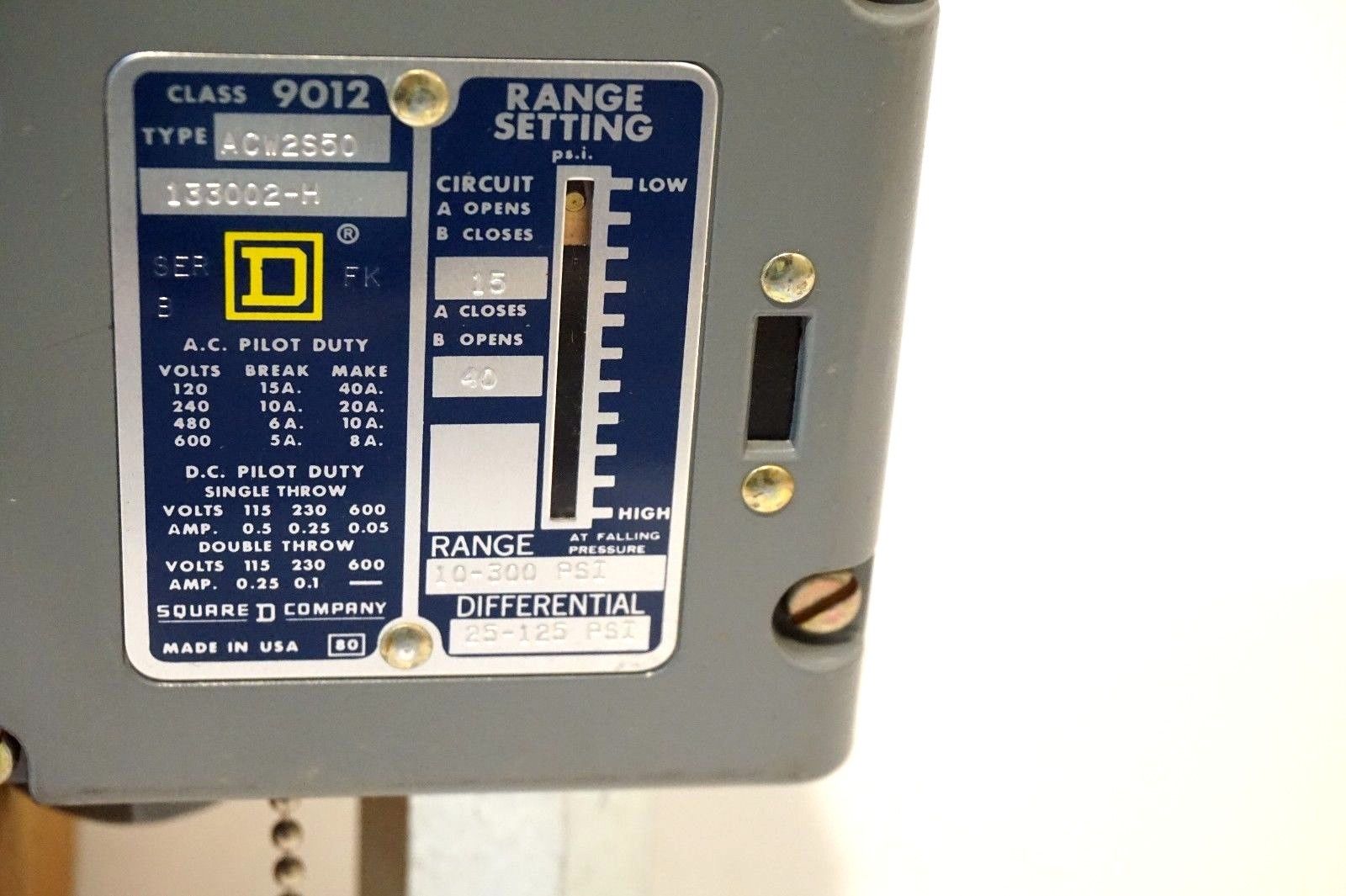 NEW SQUARE D 9012-ACW2S50 PRESSURE SWITCH SER.B 9012ACW2S50 - Image 4