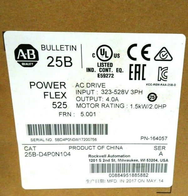 NEW ALLEN BRADLEY 25B-D4P0N104 POWERFLEX 525 AC DRIVE SER.A 25BD4P0N104 - Image 3