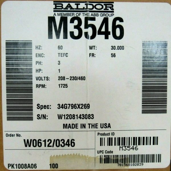 NEW BALDOR M3546 MOTOR 1HP 208-230/460V 1725RPM 34G796X269 5/8" DIA. - Image 5
