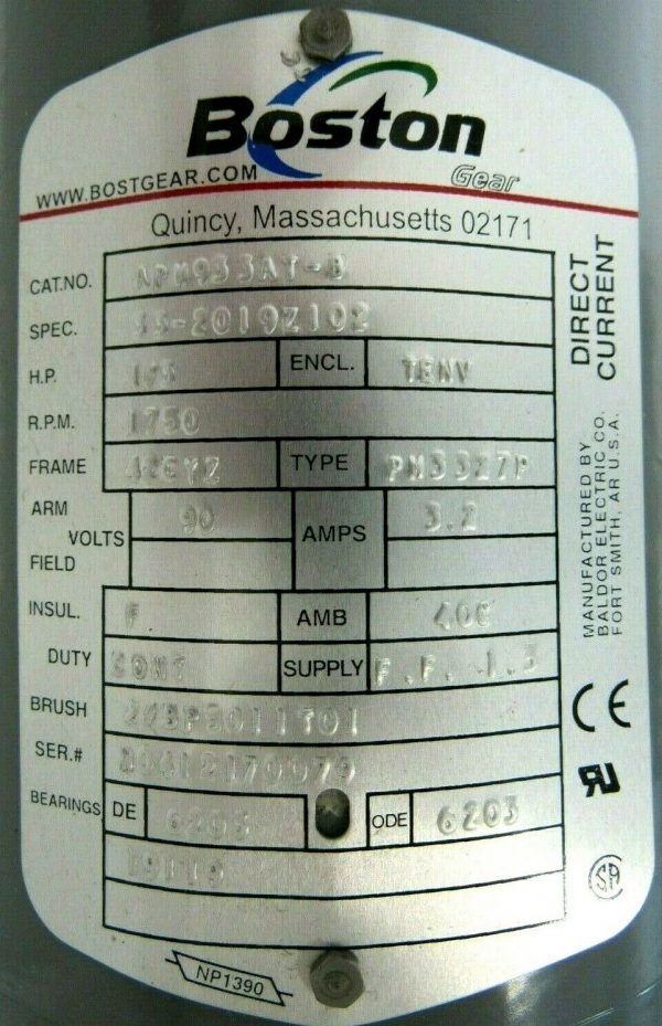NEW BOSTON GEAR APM933AT-B MOTOR 1/3HP 1750RPM 90V 33-2019Z102 1/2" DIA. - Image 4