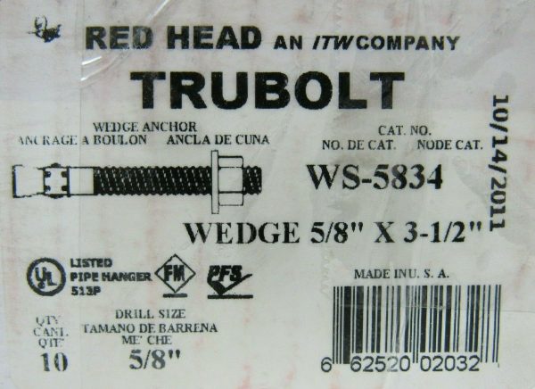 NEW BOX OF 10 ITW RED HEAD WS-5834 WEDGE ANCHOR 5/8" x 3-1/2" WS5834 - Image 4
