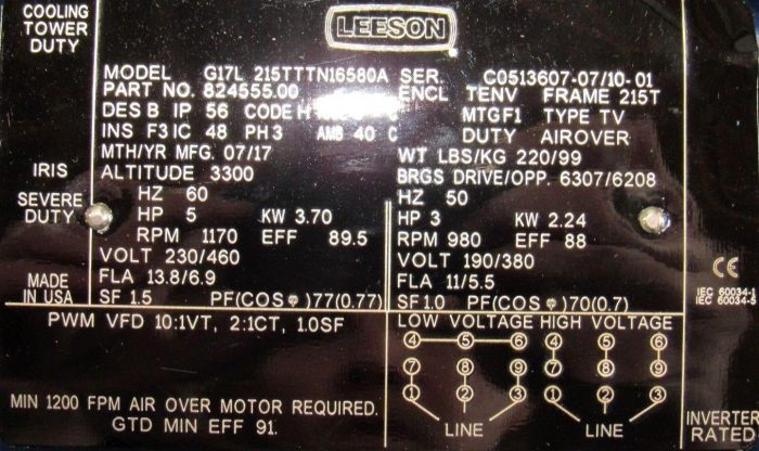 NEW LEESON 824555.00 MOTOR G17L-215TTTN16580A 82455500 5HP 1170 RPM 230/460V - Image 6