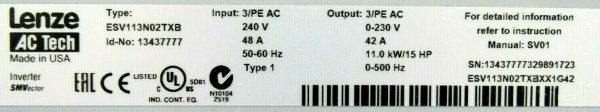 NEW LENZE ESV113N02TXBXX1G42 DRIVE 13437777 11KW 15HP 240V ESV113N02TXB - Image 5