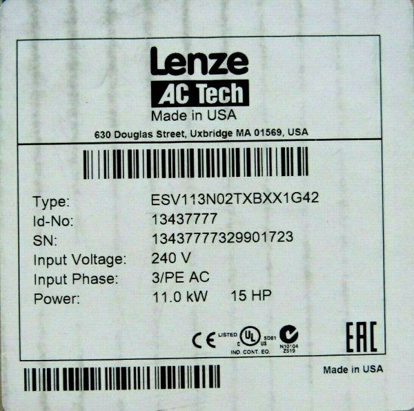 NEW LENZE ESV113N02TXBXX1G42 DRIVE 13437777 11KW 15HP 240V ESV113N02TXB - Image 6
