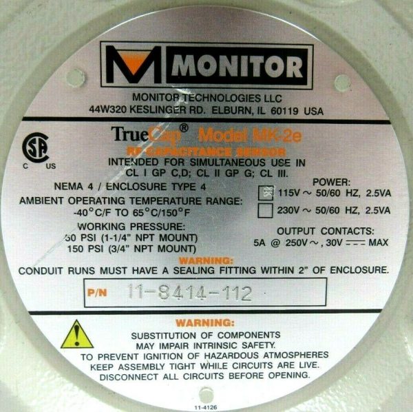 NEW MONITOR TECHNOLOGIES 11-8414-112 RF CAPACITANCE SENSOR 118414112 - Image 4