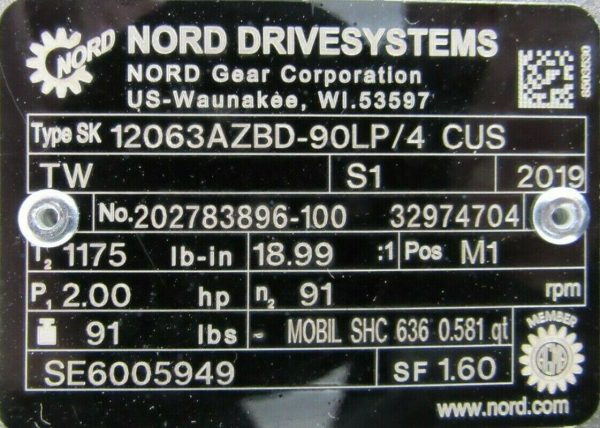 NEW NORD SK12063AZBD-90LP/4-CUS-TW GEARMOTOR SK90LP/4-CUS-TW 18.99:1 - Image 4