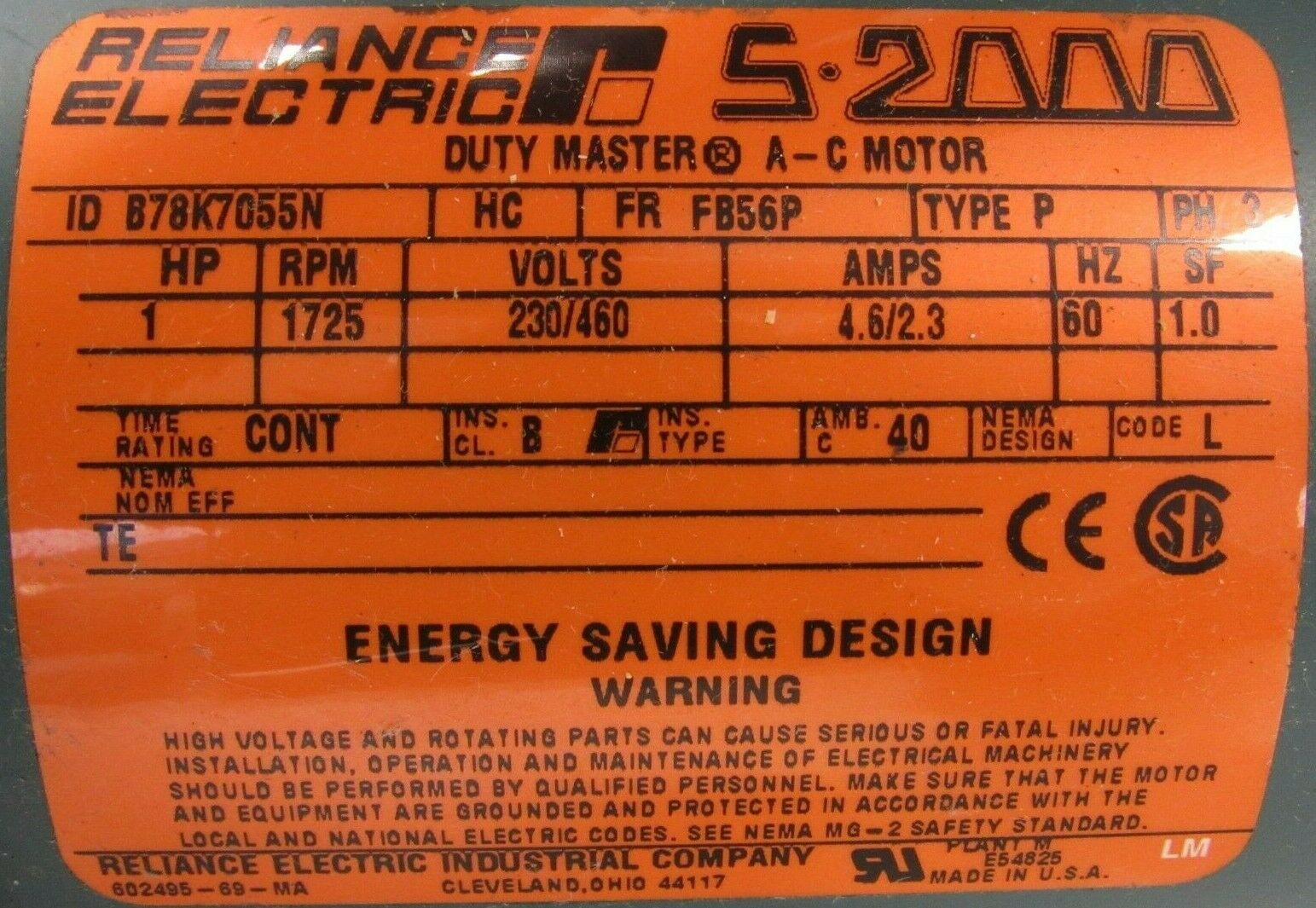 NEW RELIANCE ELECTRIC B78K7055NHC MOTOR 1HP 1725 RPM 230/460V 031353