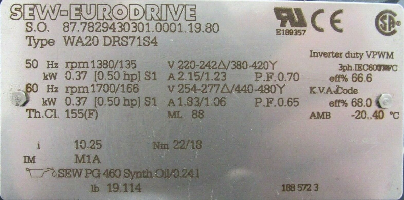 NEW SEW EURODRIVE WA20-DRS71S4 GEARMOTOR .5HP RPM 1380/135 WA20DRS71S4 - Image 4