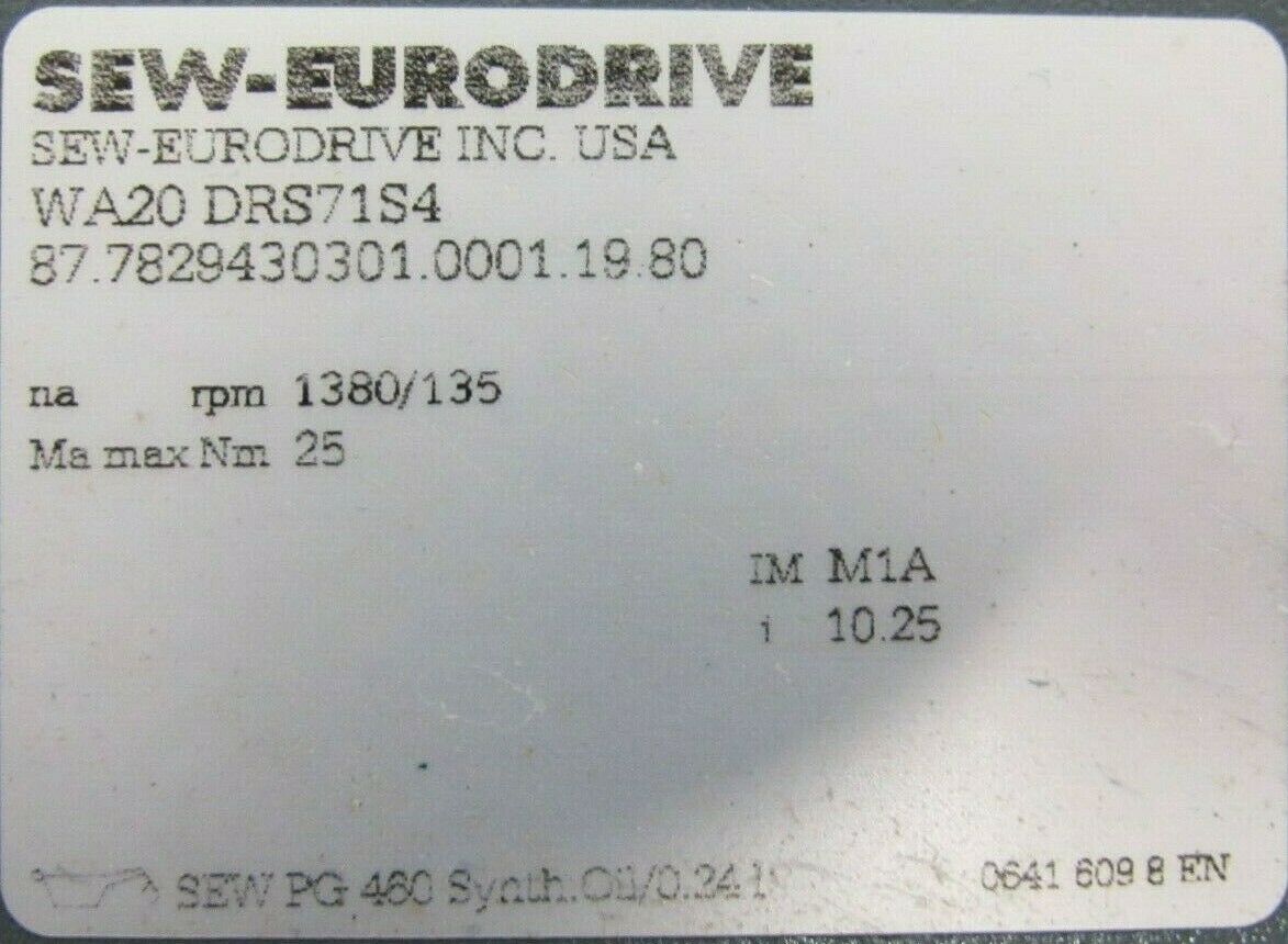 NEW SEW EURODRIVE WA20-DRS71S4 GEARMOTOR .5HP RPM 1380/135 WA20DRS71S4 - Image 5