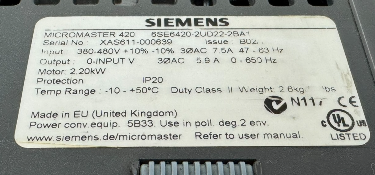 USED SIEMENS 6SE6420-2UD22-2BA1 MICROMASTER 420 3HP 6SE64202UD222BA1 - Image 5