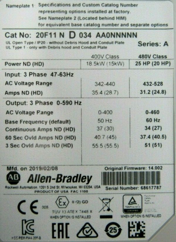 NEW ALLEN BRADLEY 20F11ND034AA0NNNNN POWERFLEX 753 25HP SER.A FRN 14.002 - Image 5