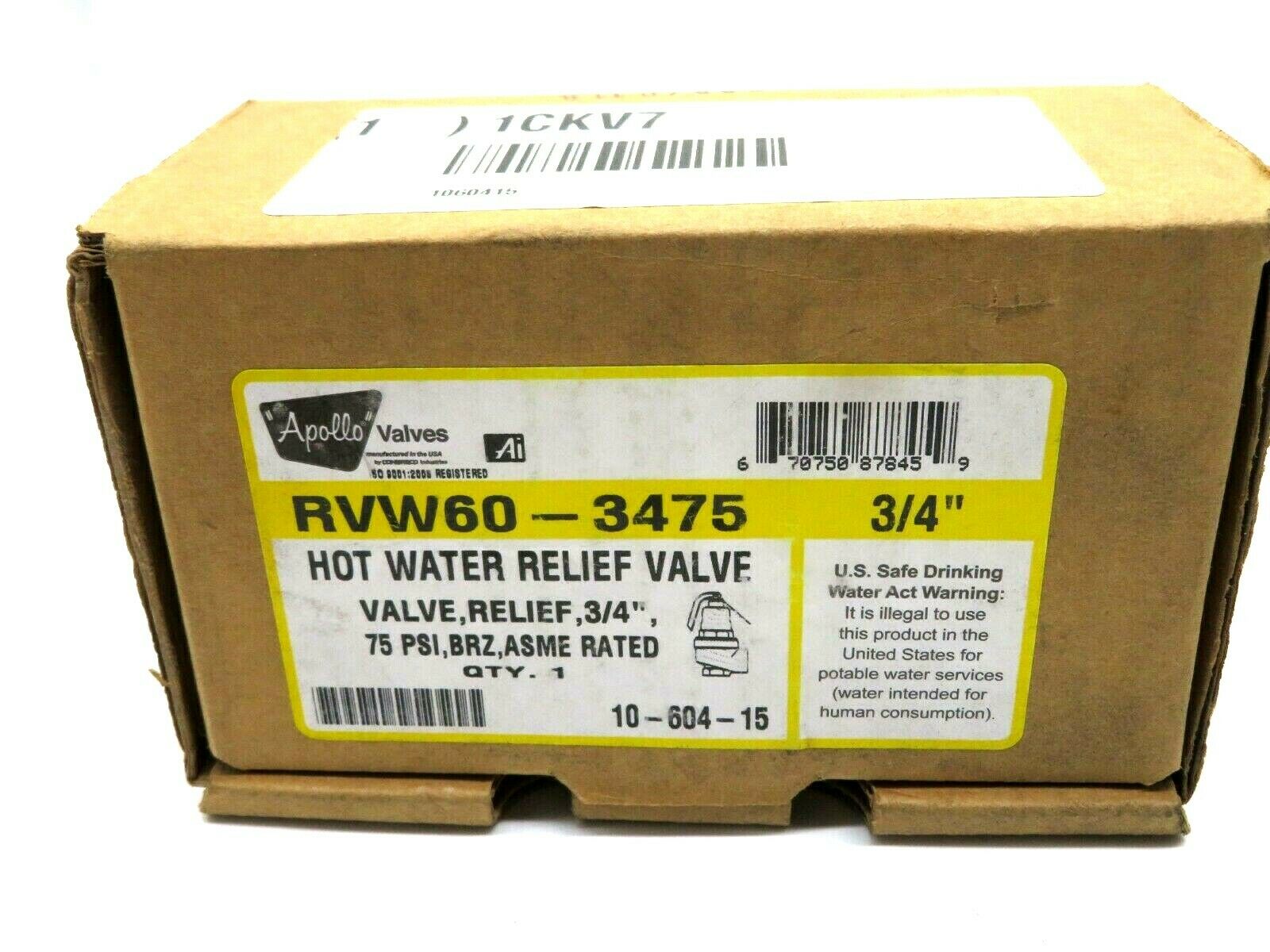 NEW APOLLO VALVES RVW60-3475 HOT WATER RELIEF VALVE 3/4