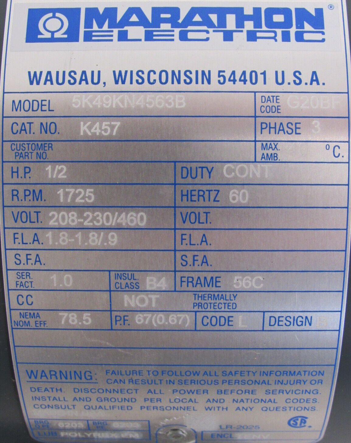 NEW MARATHON K457 BRAKE MOTOR 1/2HP 208-230/460V 1725RPM 105601100BQF 56C - Image 5