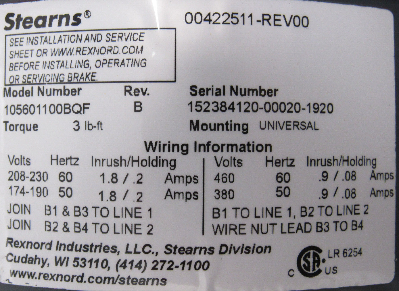 NEW MARATHON K457 BRAKE MOTOR 1/2HP 208-230/460V 1725RPM 105601100BQF 56C - Image 6