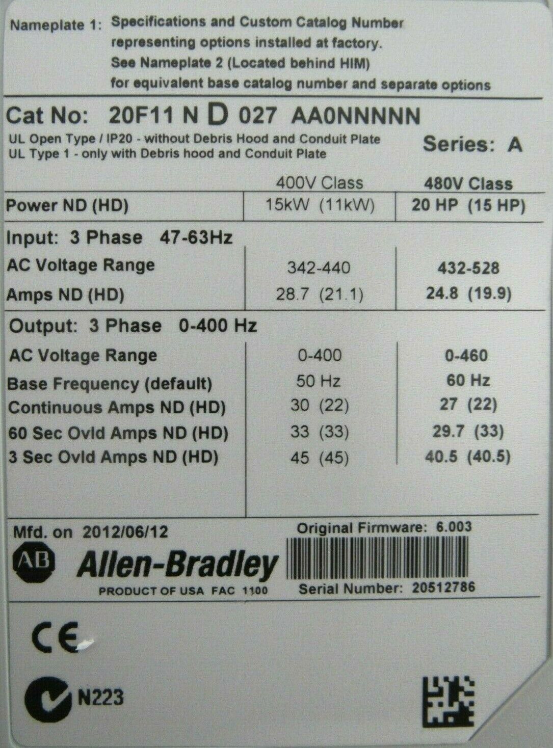 USED ALLEN BRADLEY 20F11-N-D-027-AA0NNNNN POWERFLEX 753 20HP SER.A - Image 7