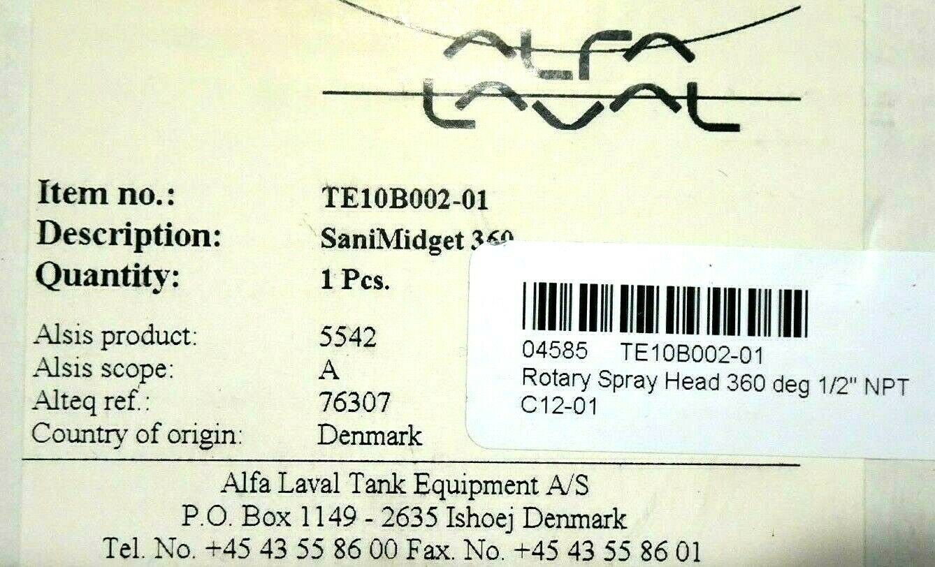 NEW ALFA LAVAL TE10B00201 ROTARY SPRAY HEAD 1/2" 360 DEG TE10B00201