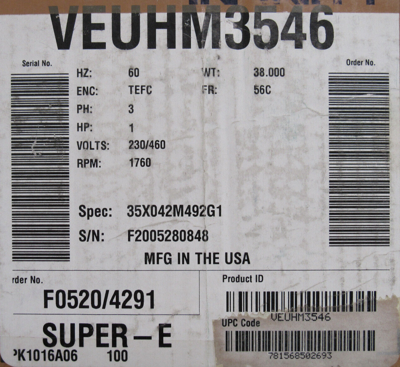 NEW BALDOR VEUHM3546 MOTOR 1HP 230/460V 1760RPM 56C - Image 6