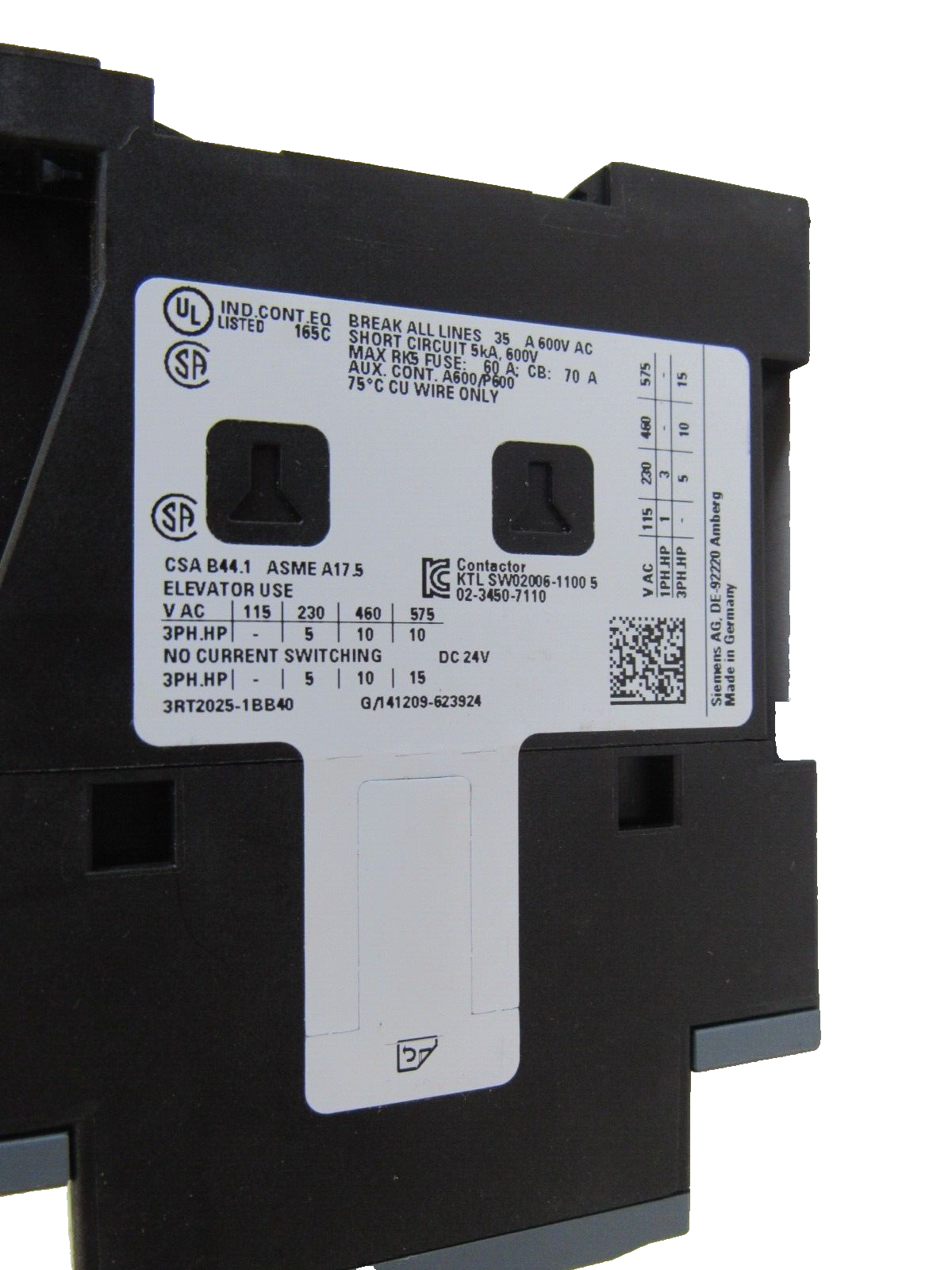 thumbnail image 2 of Siemens 3RT2025-1BB40 Miniature IEC Contactor - 24V AC Coil, 3-Pole, DIN Rail Mount 2 of 5