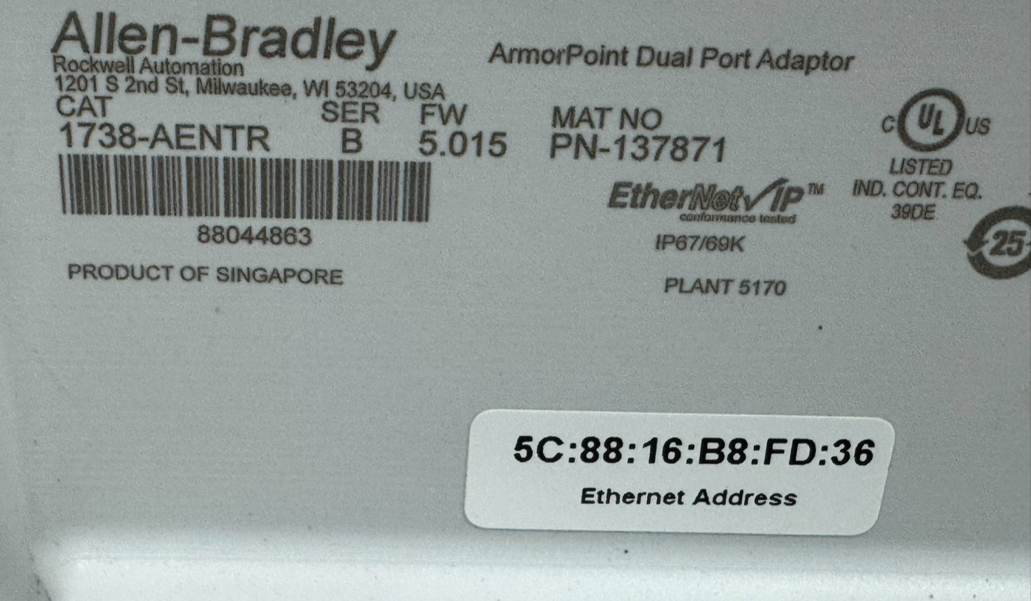 NEW ALLEN BRADLEY 1738-AENTR ARMORPOINT DUAL PORT ADAPTOR SER. B - Image 6