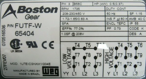 NEW BOSTON GEAR FUTF-W MOTOR 1/2HP 1735RPM 20-230/460V B56C 65404 5/8" DIA FUTFW - Image 4