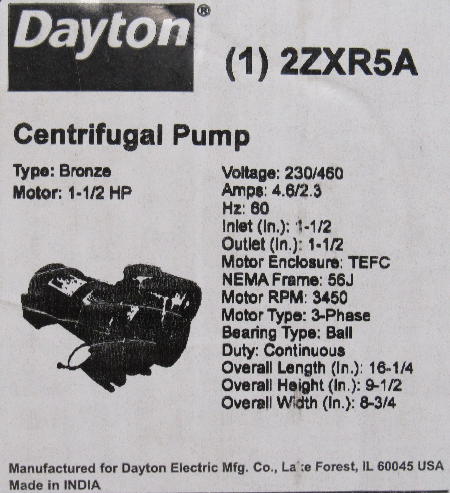 NEW DAYTON 2ZXR58A CENTRIFUGAL PUMP 1.5HP 230/460V PPLTAE23TDEG