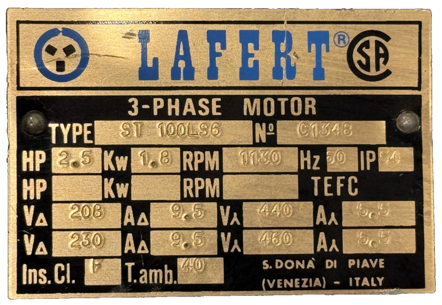 NEW LAFERT ST 100LS6 3-PHASE AC MOTOR 2.5HP 1.8KW 1130RPM 60HZ ST100LS6 - Image 6