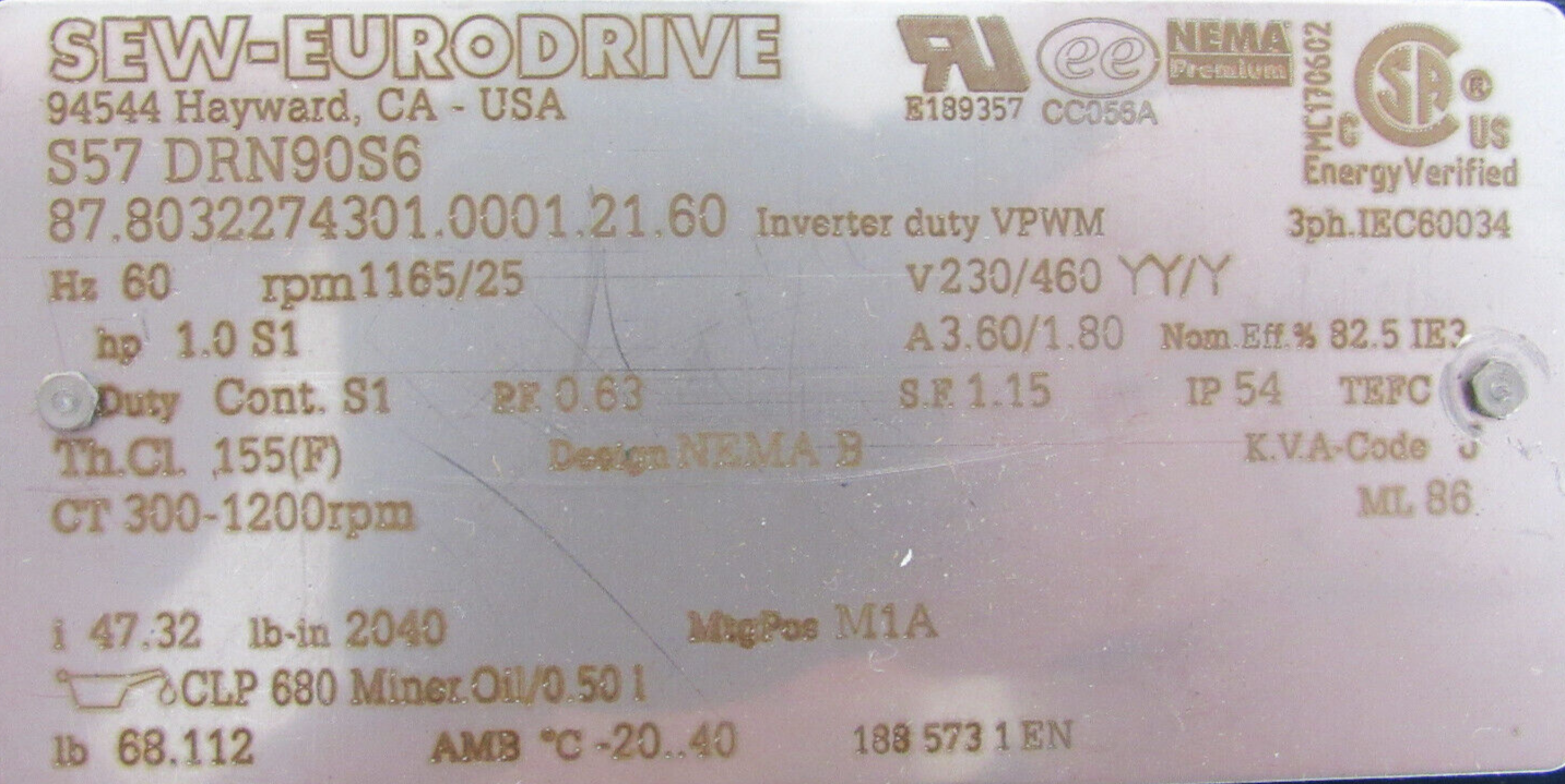 NEW SEW EURODRIVE S57 DRN90S6 GEAR MOTOR 230/460V S57DRN90S6 - Image 5