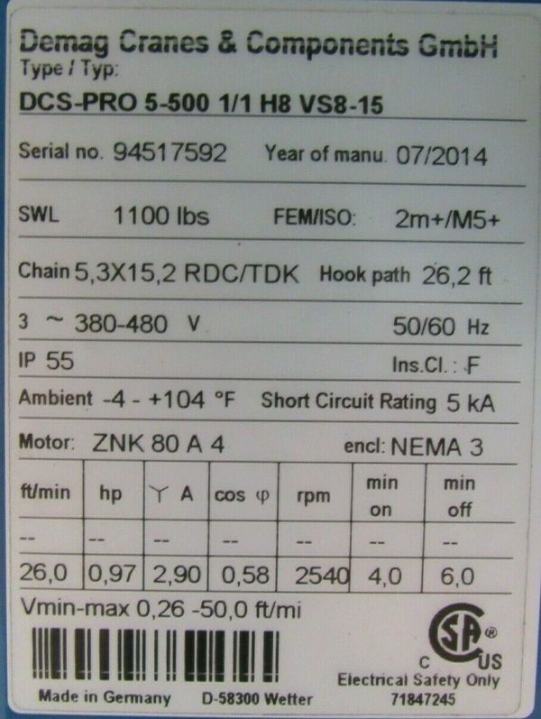 USED DEMAG DCS-PRO 5-500 1/1 H8 VS8-15 ELECTRIC CHAIN HOIST 26FT 1100LBS 480V - Image 5