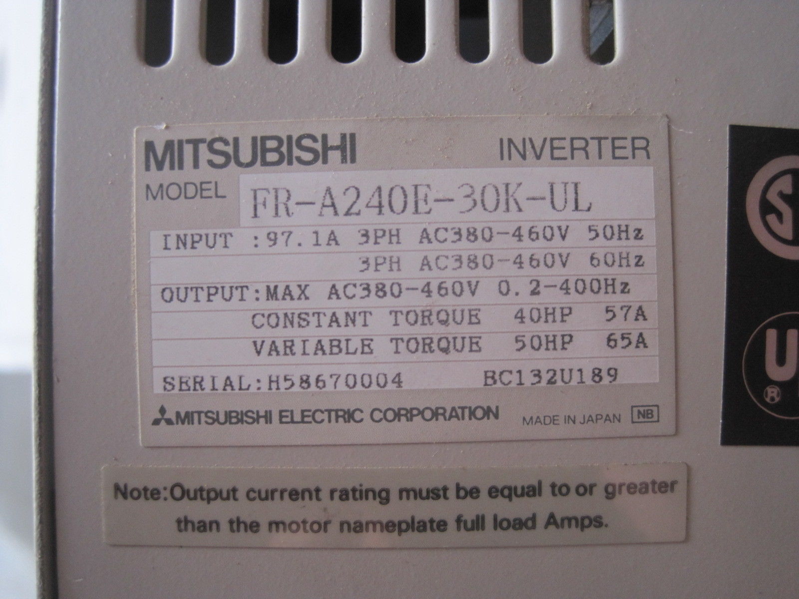 USED MITSUBISHI FR-A240E-30K-UL INVERTER DRIVE - Image 4