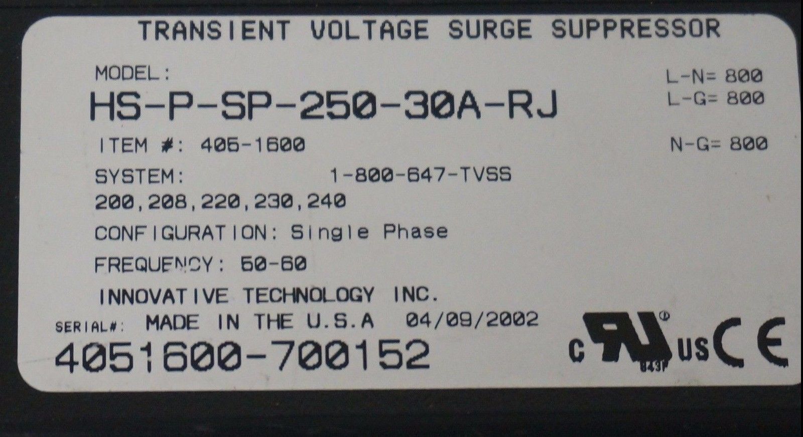 NEW INNOVATIVE TECHNOLOGIES HS-P-SP-250-30A-RJ TRANSIENT VOLTAGE SURGE SUPPRESOR - Image 4