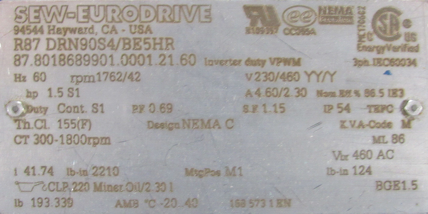 NEW SEW EURODRIVE R87 DRN90S4/BE5HR GEAR MOTOR 230/460V R87DRN90S4BE5HR - Image 5