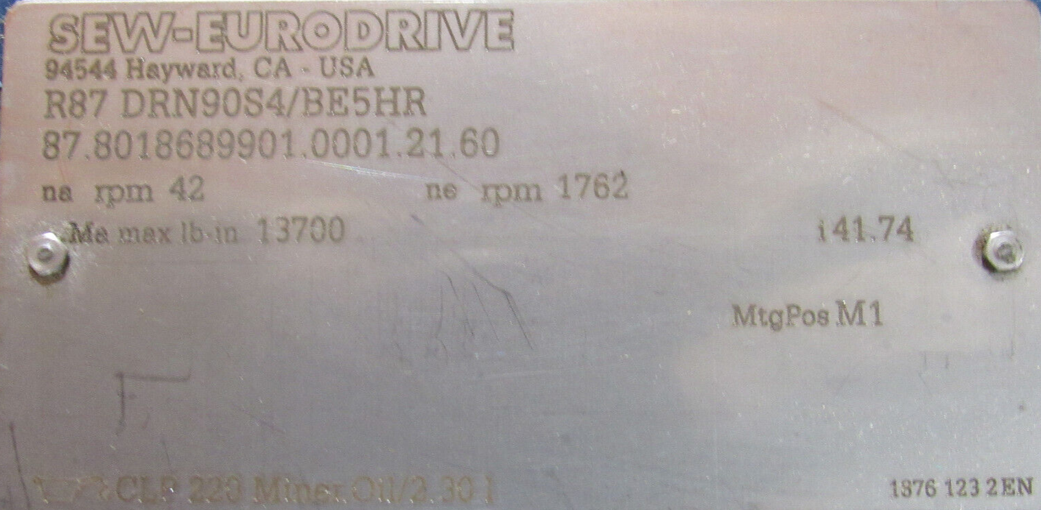 NEW SEW EURODRIVE R87 DRN90S4/BE5HR GEAR MOTOR 230/460V R87DRN90S4BE5HR - Image 6