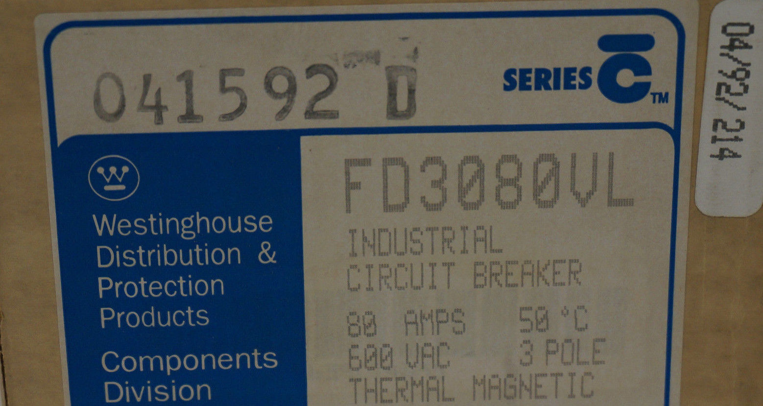 NEW WESTINGHOUSE FD3080VL CIRCUIT BREAKER SER. C, 80A, 600VAC, 3 POLE - Image 3