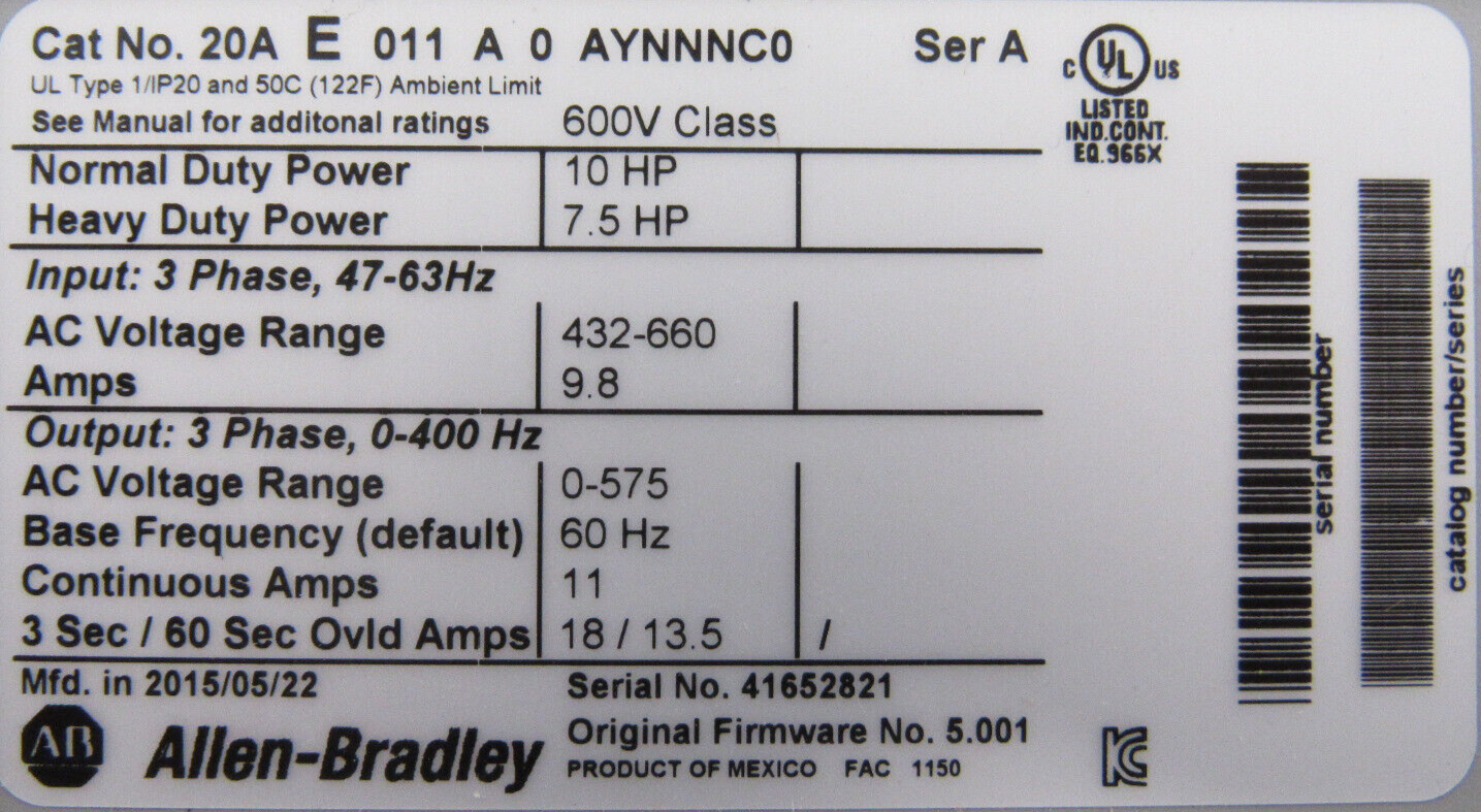 NEW 20AE011A0AYNNNC0 POWERFLEX 70 AC DRIVE 10HP SER.A NEW SURPLUS - Image 4