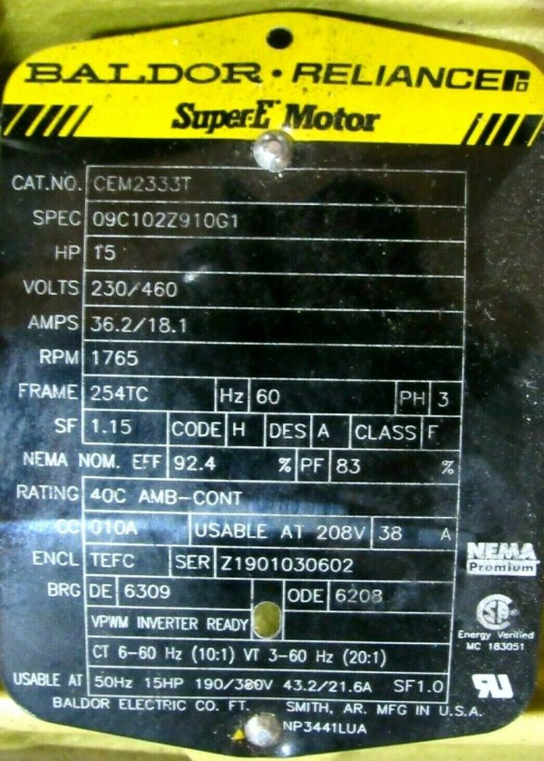 NEW BALDOR CEM2333T MOTOR 15HP 230/460V 1765RPM 1-5/8" DIA. 254TC 09C102Z910G1 - Image 4