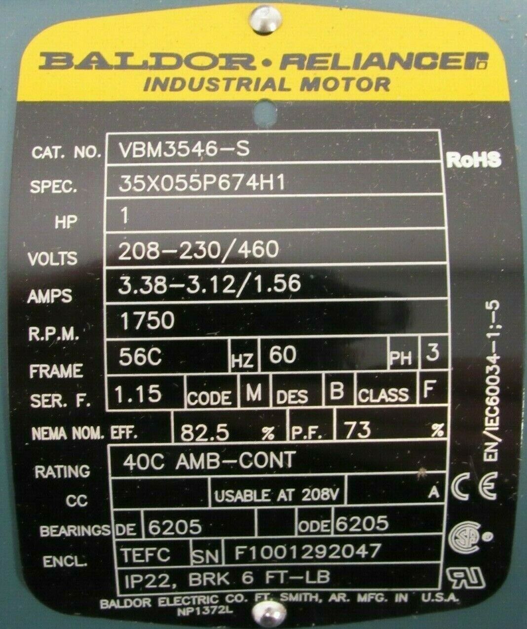 NEW BALDOR VBM3546-S BRAKE MOTOR 1HP 208-230/460V 1750RPM 5/8" DIA. - Image 5