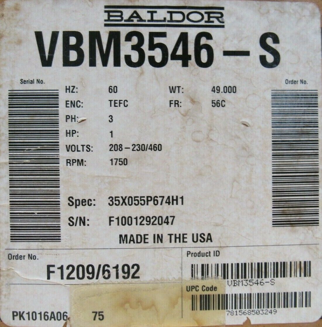NEW BALDOR VBM3546-S BRAKE MOTOR 1HP 208-230/460V 1750RPM 5/8" DIA. - Image 6