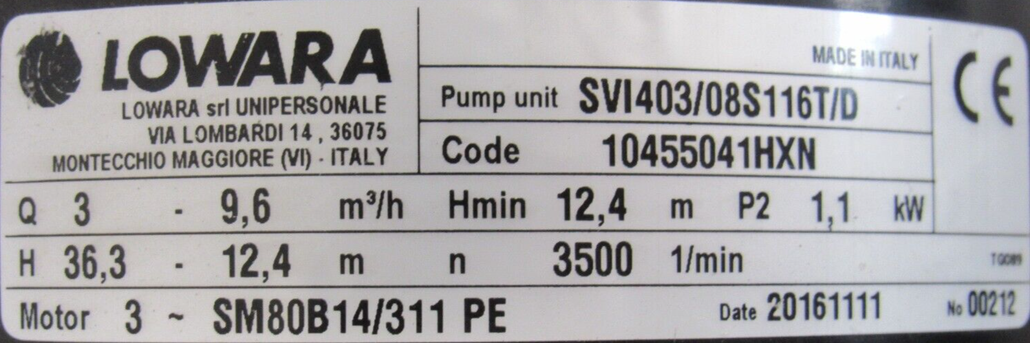 NEW LOWARA SVI403/08S116T/D PUMP SM80B14/311PE - Image 4