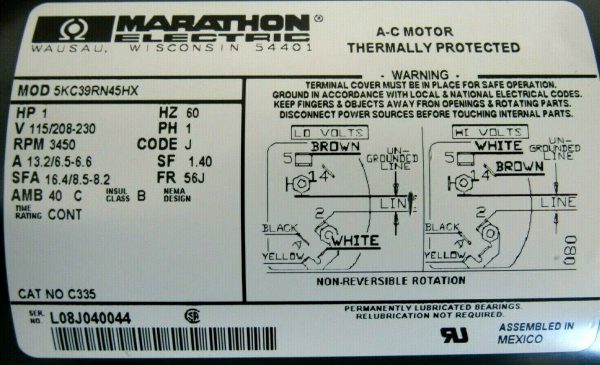 NEW MARATHON ELECTRIC 5KC39RN45HX MOTOR 1HP 115-208-230V 3450RPM - Image 4