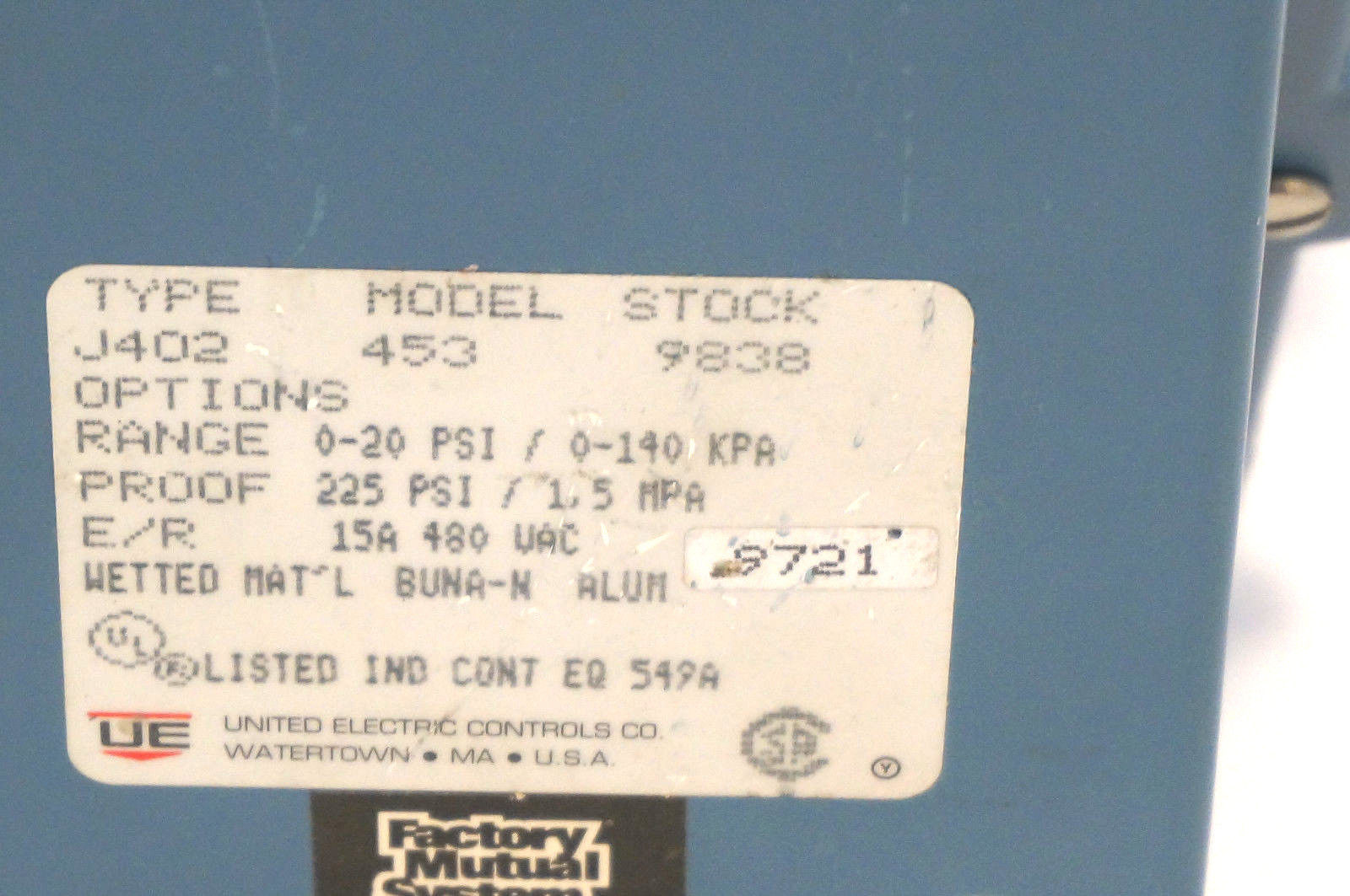 NEW UNITED ELECTRIC J402-453 PRESSURE SWITCH J402453 - SB Industrial ...