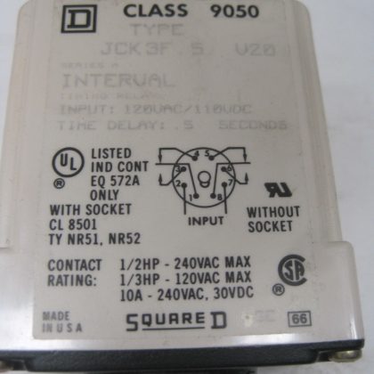 USED SQUARE D 9050-JCK3F5V20 RELAY 9050JCK3F5V20