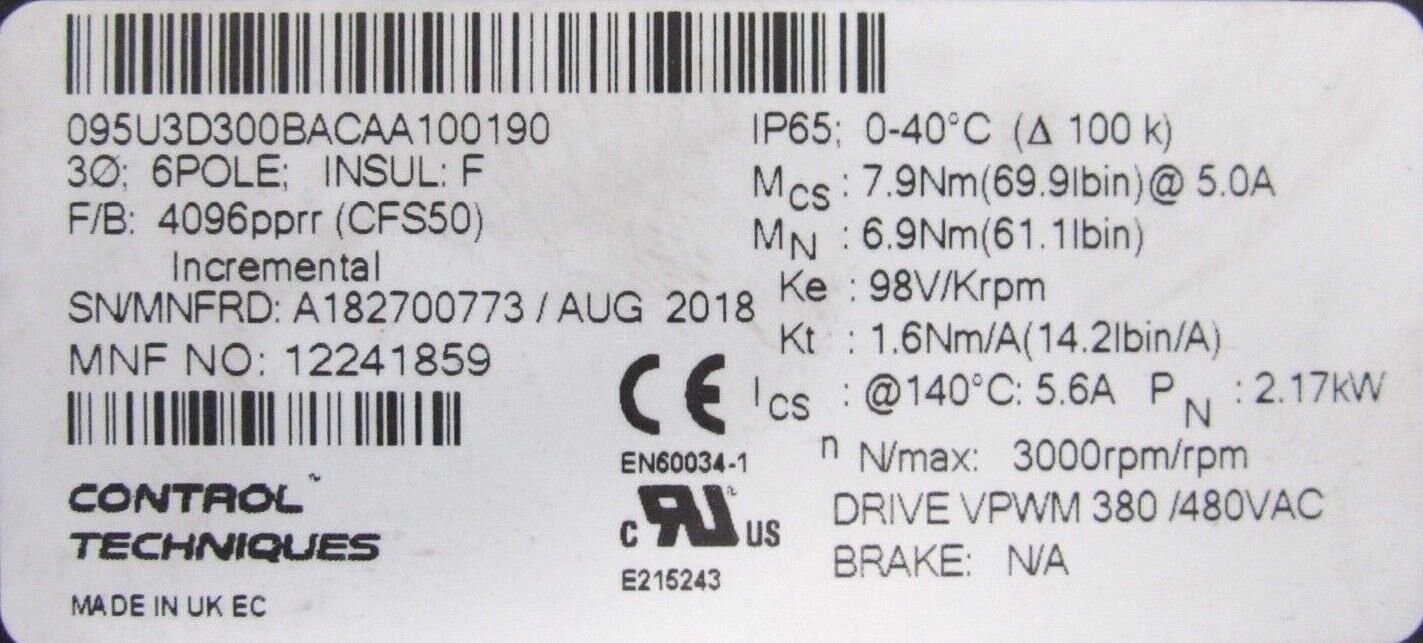 NEW CONTROL TECHNIQUES 095U3D300BACAA100190 SERVO MOTOR - Image 4