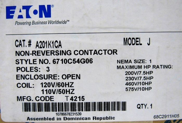 NEW EATON A201K1CA NON-REVERSING CONTACTOR 6710C54G06 SIZE 1 MODEL J - Image 5