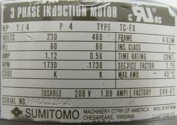 NEW SUMITOMO TC-FX INDUCTION MOTOR 1/4HP 230/460V CNVMS02-6085YA-59 TCFX - Image 6