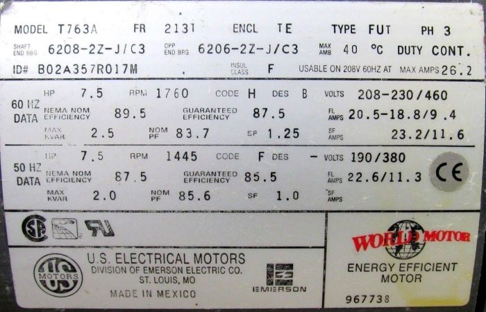 NEW US ELECTRICAL MOTORS T763A MOTOR 7.5 HP 1760 RPM T763 A357R017 B02A357R017M - Image 5