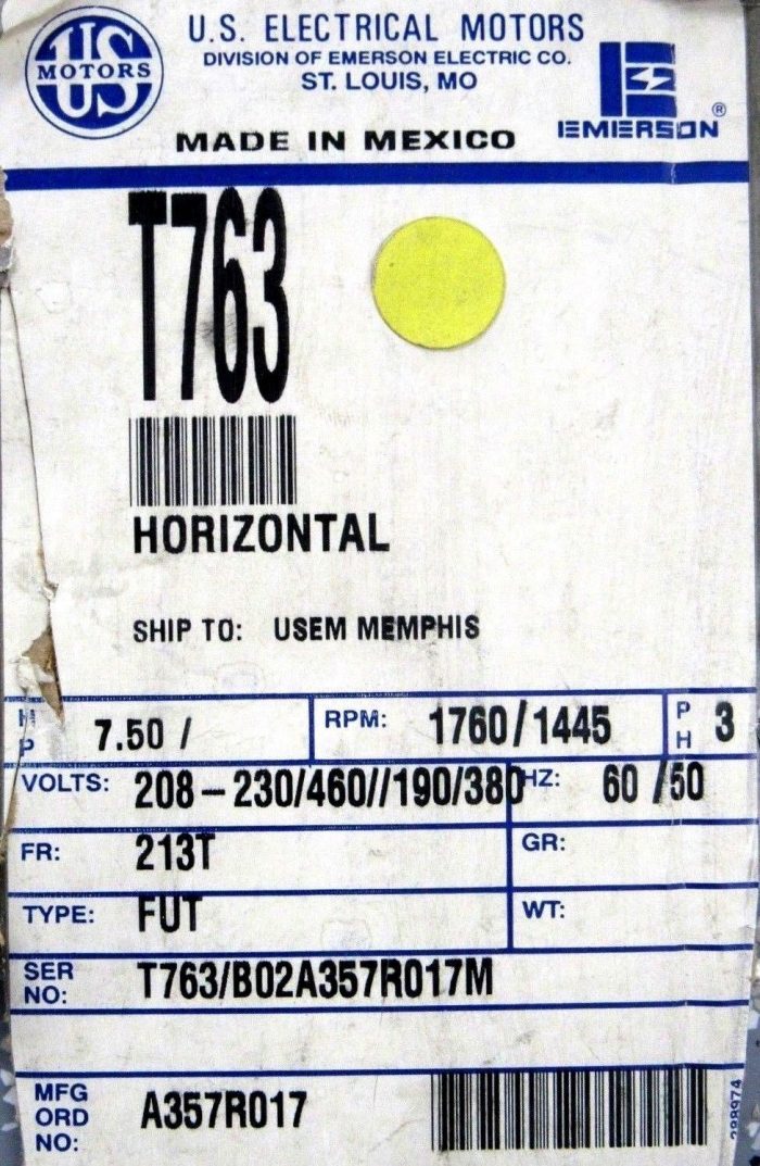 NEW US ELECTRICAL MOTORS T763A MOTOR 7.5 HP 1760 RPM T763 A357R017 B02A357R017M - Image 6