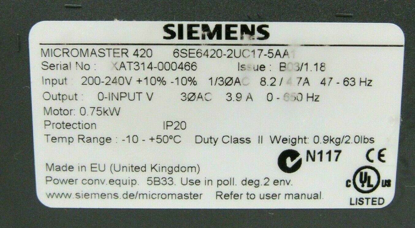 USED SIEMENS 6SE6420-2UC17-5AA MICROMASTER 420 6SE64202UC175AA - Image 3