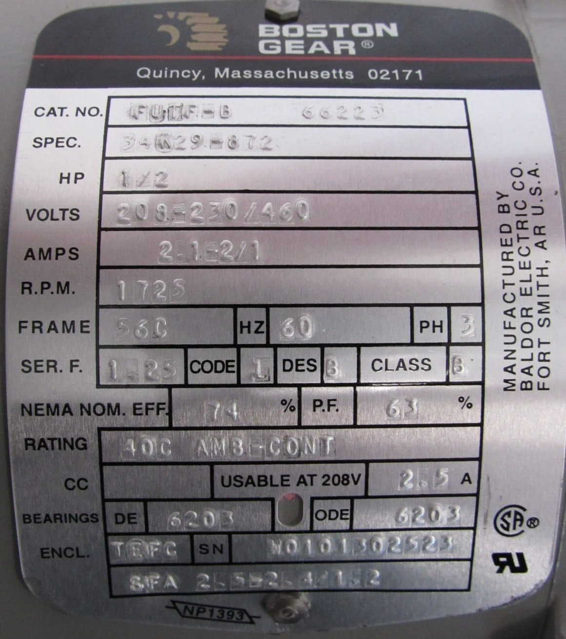 NEW BOSTON GEAR FUTF-B MOTOR 1/2HP 208-230/460V 1725RPM 34K29-872 FUTFB - Image 5