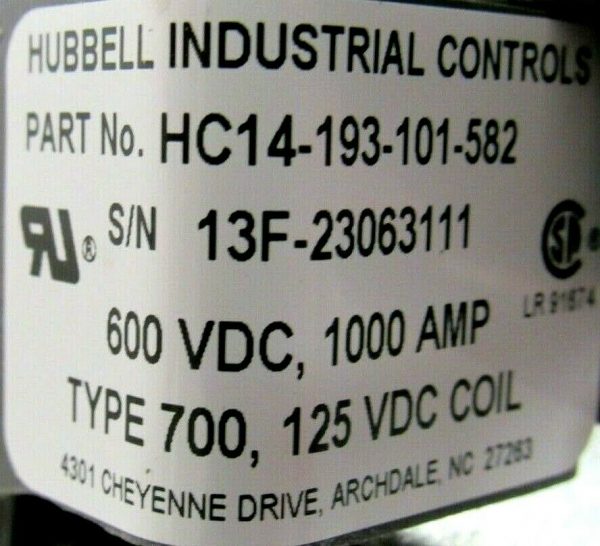 NEW HUBBELL HC14-193-101-582 CONTACTOR 600VDC 1000A TYPE 700 125VDC COIL - Image 6